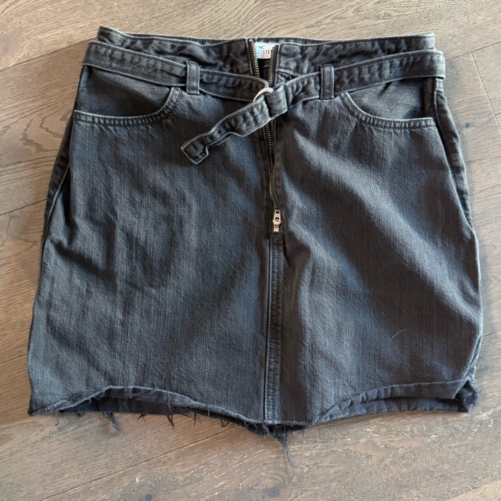 Hollister Black Denim Mini Skirt with Front Zip and Belt